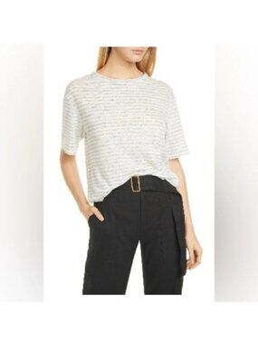Vince Womens Striped Crewneck Boyfriend Tee Size Large Grey White Linen Classic
